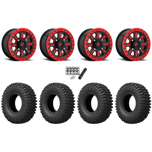 EFX MotoCrusher 37x10-15 Tires on Fuel Hardline Gloss Black with Candy Red Beadlock Wheels