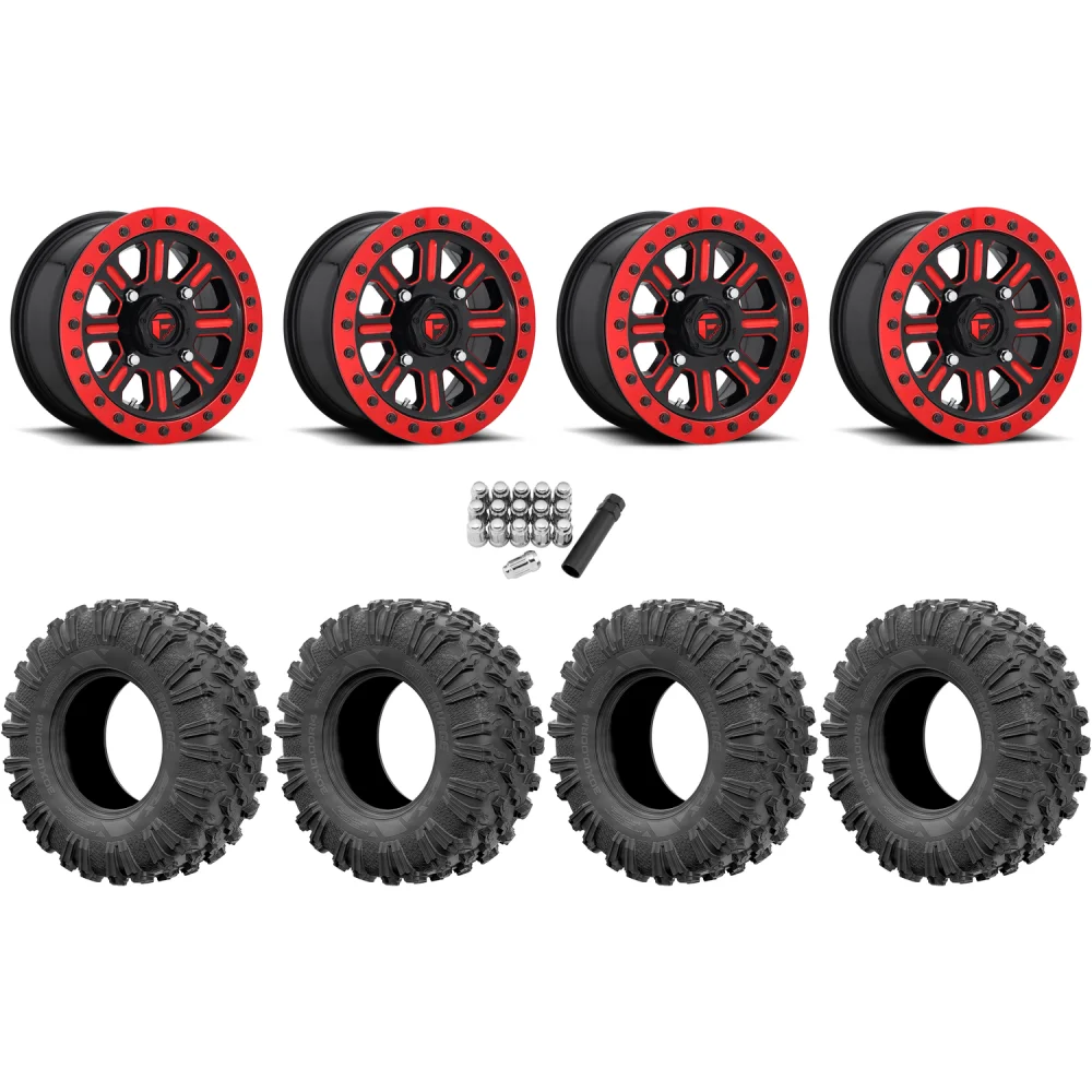 EFX MotoRavage 32x10-15 (8ply) Radial Tires on Fuel Hardline Gloss Black with Candy Red Beadlock Wheels, complete kit