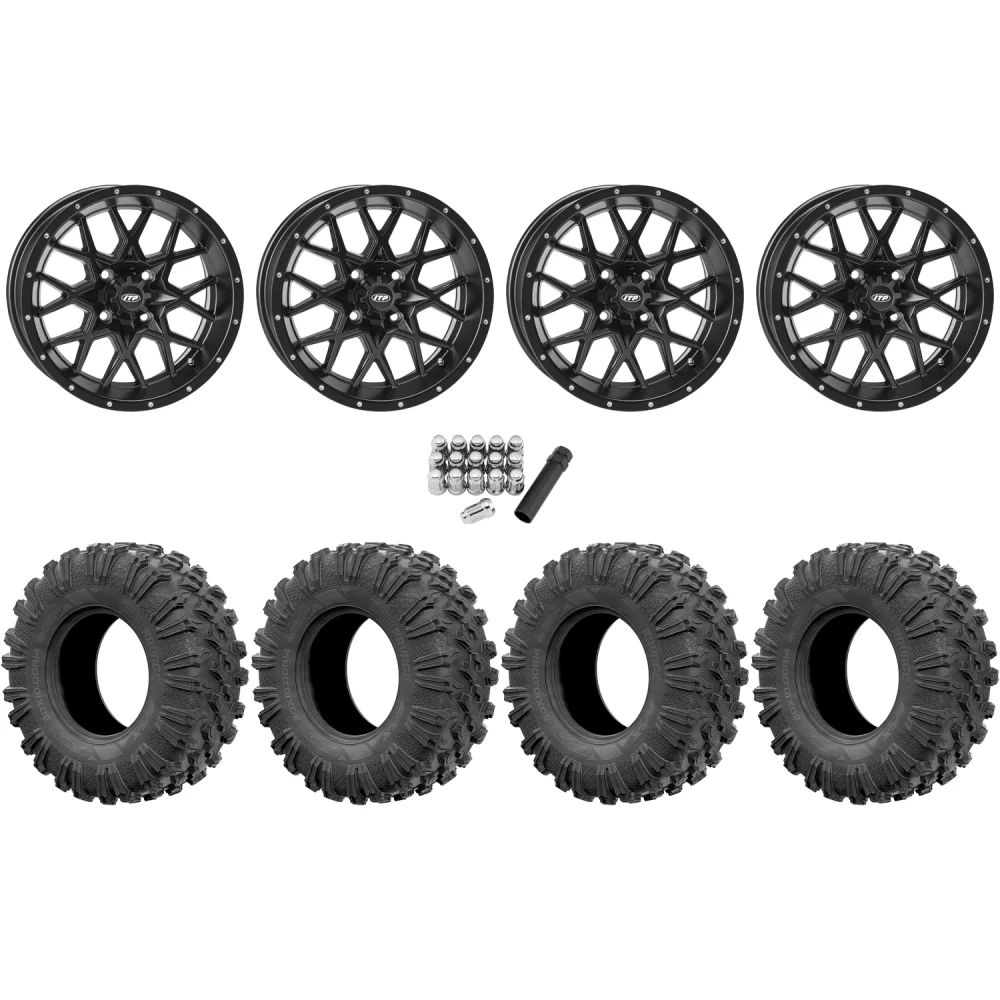 EFX MotoRavage 32x10-15 (8ply) Radial Tires on ITP Hurricane Satin Black Wheels, complete kit