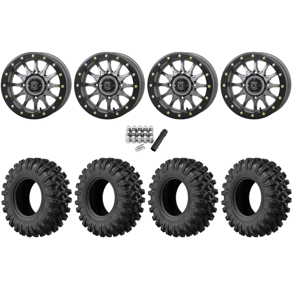 EFX MotoRavage XL 35x10-15 (8ply) Radial Tires on Frontline 223 Gunmetal Grey Beadlock Wheels, complete kit