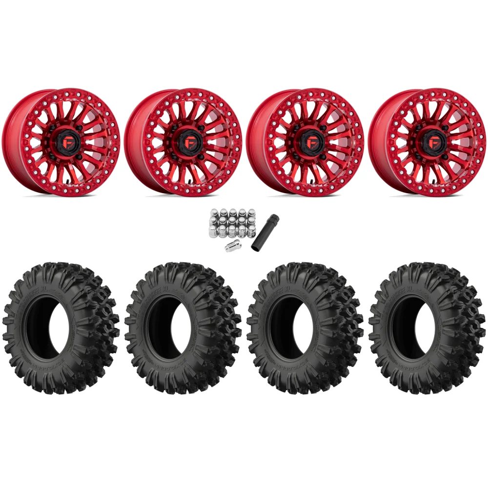 EFX MotoRavage XL 32x10-15 (8ply) Radial Tires on Fuel Rincon Candy Red Beadlock Wheels, complete kit