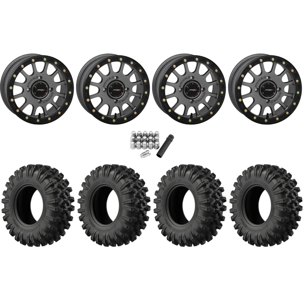 EFX MotoRavage XL 32x10-15 (8ply) Radial Tires on System 3 Offroad SB-5 Gunmetal Grey Beadlock Wheels, complete kit