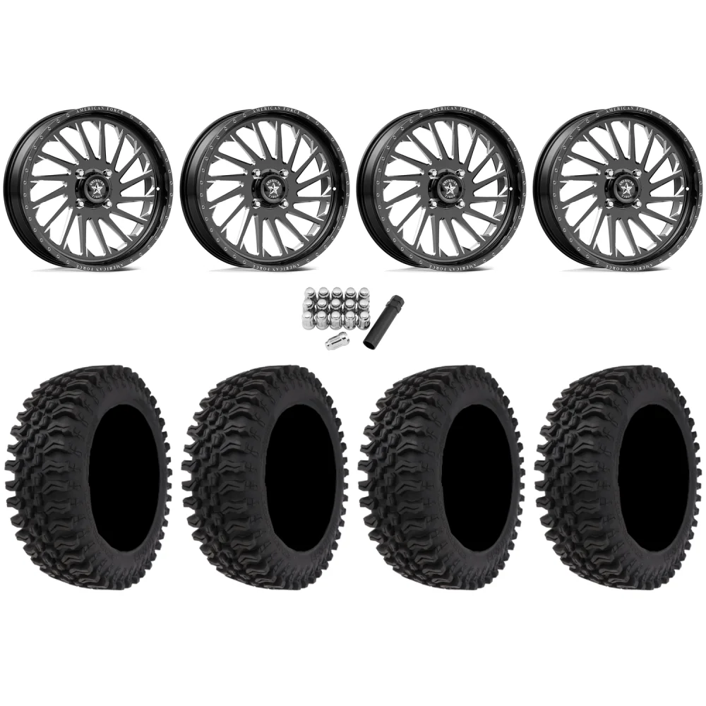 Frontline BDC 33x10-20 (10ply) Radial Tires on American Force K12 Shredder Black Forged Wheels, complete kit