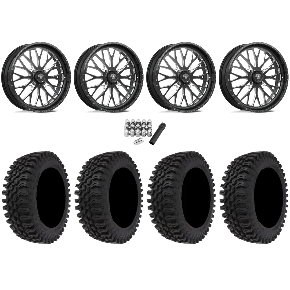 Frontline BDC 33x10-20 (10ply) Radial Tires on American Force K13 Invader Black Forged Wheels, complete kit