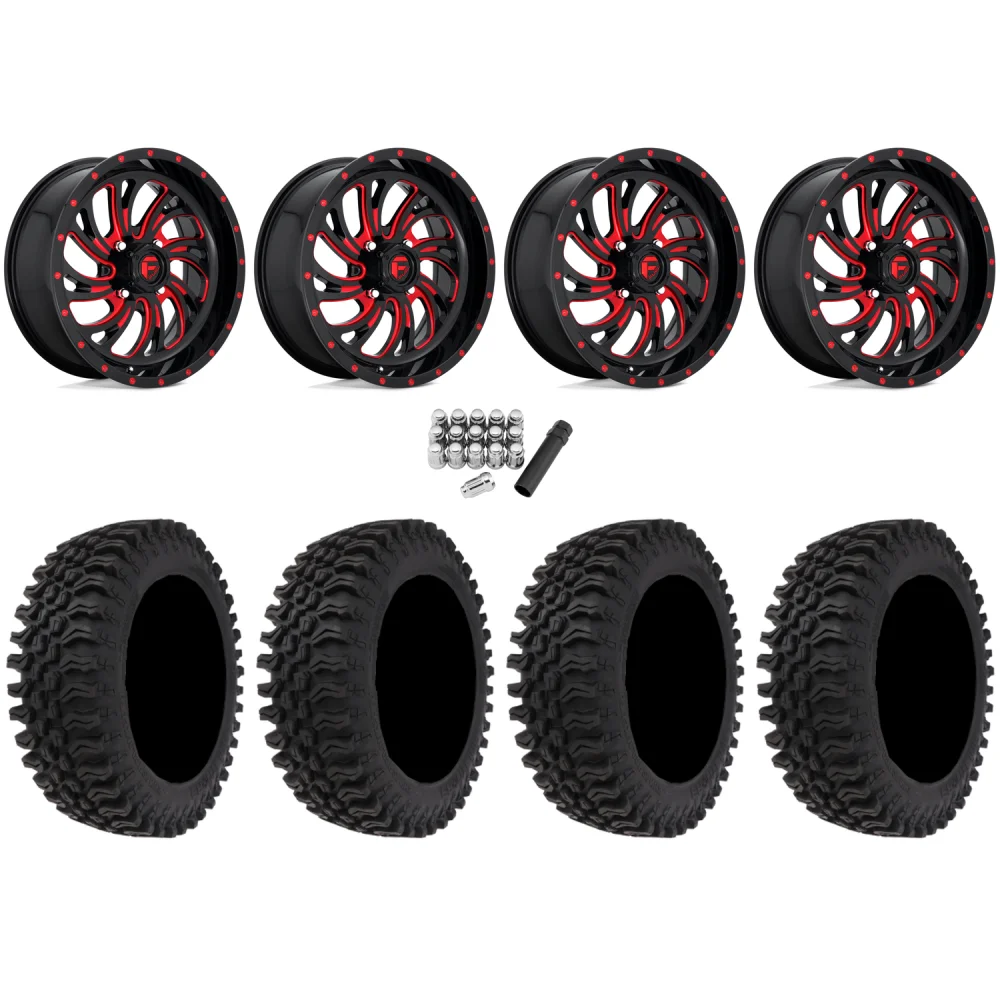 Frontline BDC 30x10-20 (10ply) Radial Tires on Fuel Kompressor Gloss Black With Red Tint Wheels, complete kit