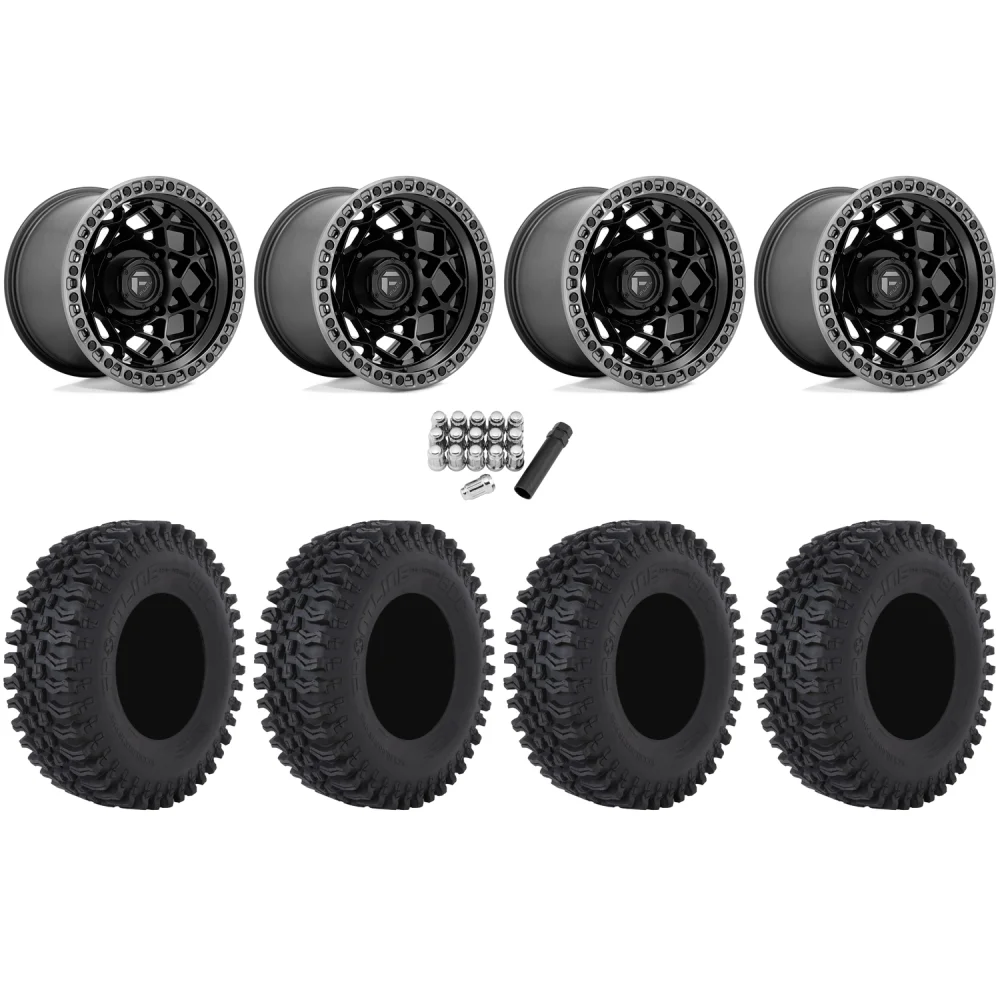 Frontline BDC 35x10-15 Tires on Fuel Unit Matte Black Wheels, complete kit