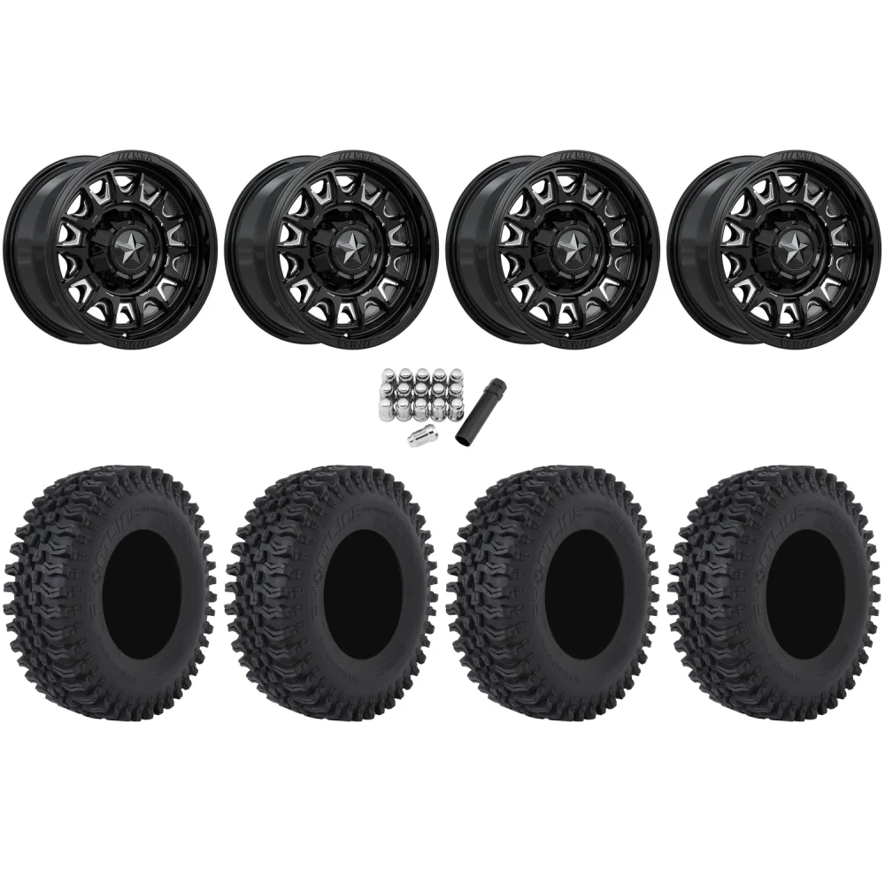 Frontline BDC 32x10-15 Tires on MSA M55 Commander Gloss Black Milled Wheels, complete kit