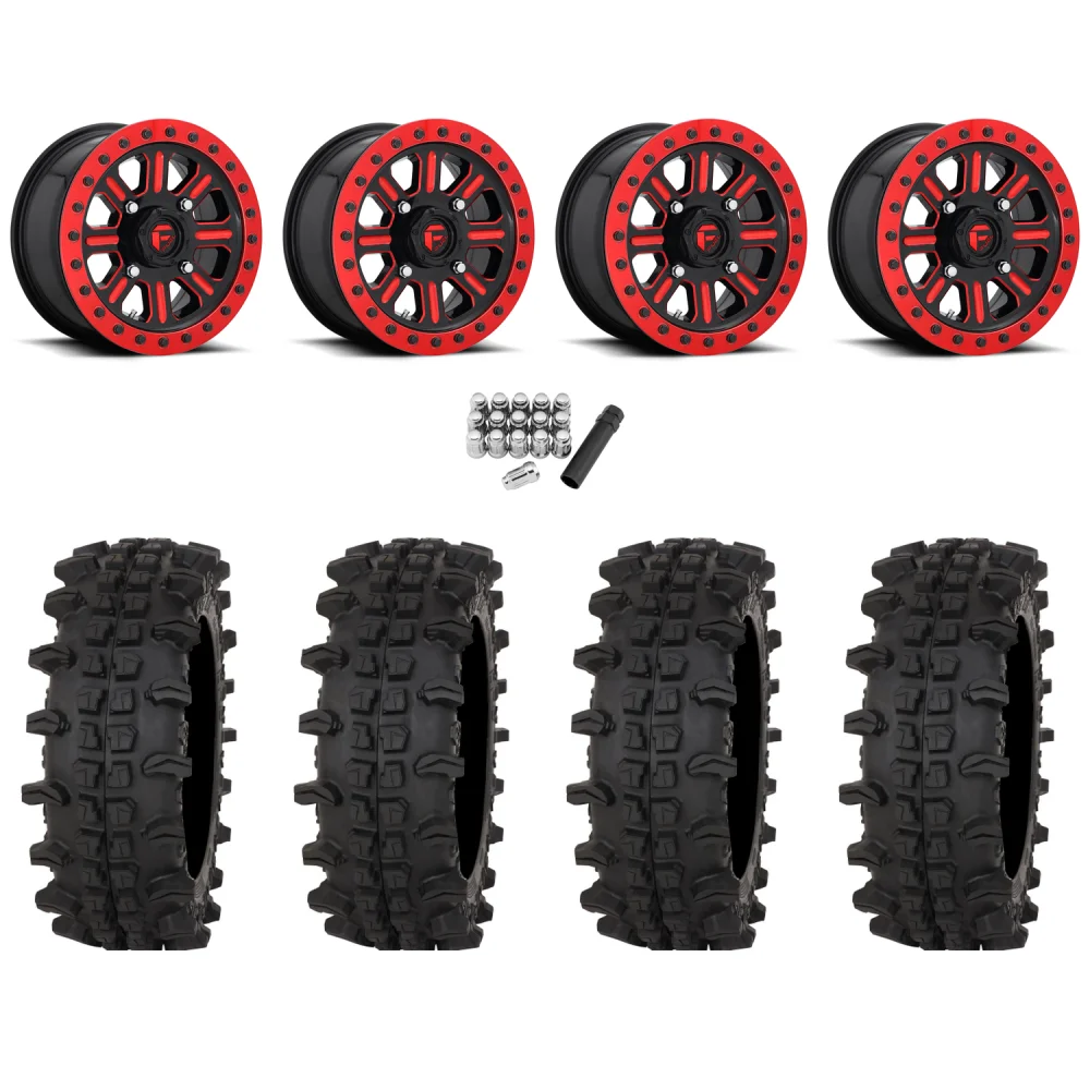 Frontline ACP 33x12-15 (10ply) Tires on Fuel Hardline Gloss Black with Candy Red (15x10) Beadlock Wheels, complete kit