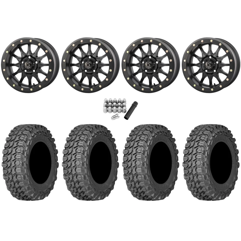 Gladiator X Comp ATR 35x10-15 (10ply) Radial Tires on Frontline 223 Matte Black Beadlock Wheels, complete kit