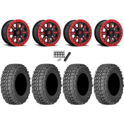 Gladiator X Comp ATR 32x10-15 (10ply) Radial Tires on Fuel Hardline Gloss Black with Candy Red Beadlock Wheels