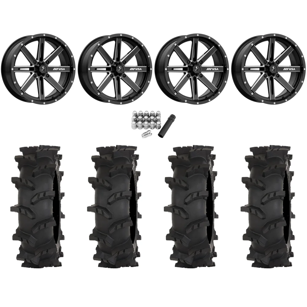 High Lifter Outlaw Max 33x10-18 Tires on MSA M41 Boxer Gloss Black Milled Wheels, complete kit