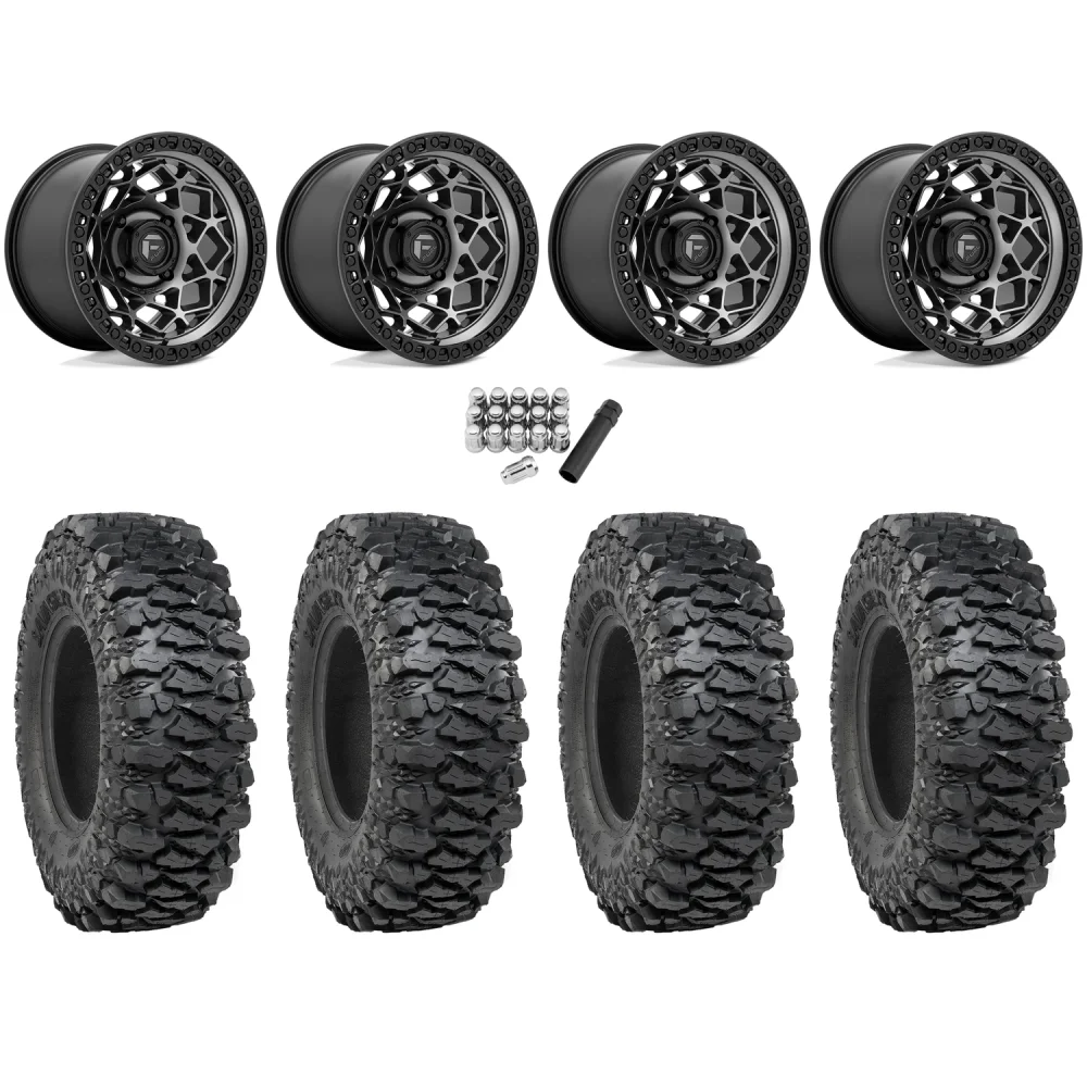 ITP Savage XT 35x10-15 (8-Ply) (Sticky) on Fuel Unit Matte Gunmetal Wheels, complete kit