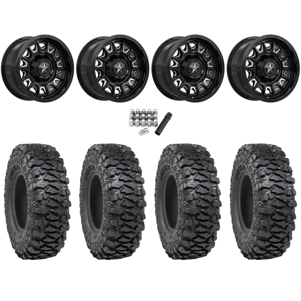 ITP Savage XT 32x10-15 (8-Ply) (Sticky) on MSA M55 Commander Gloss Black Milled Wheels, complete kit