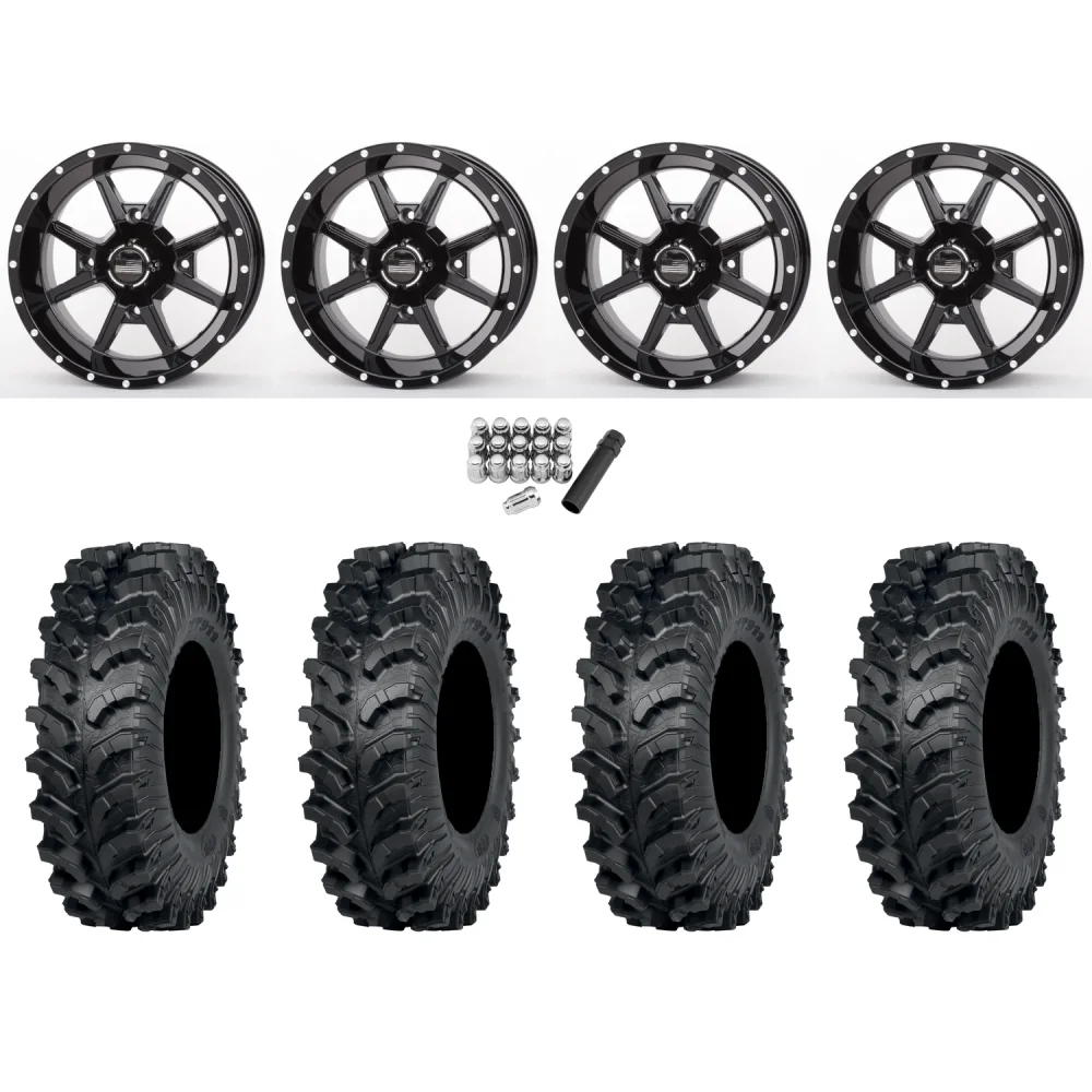 ITP MT911 32x10-14 (8ply) Tires on Frontline 556 Gloss Black Wheels, complete kit