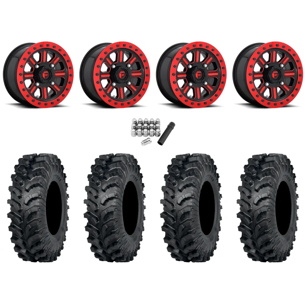 ITP MT911 32x10-15 (8ply) Tires on Fuel Hardline Gloss Black with Candy Red Beadlock Wheels, complete kit