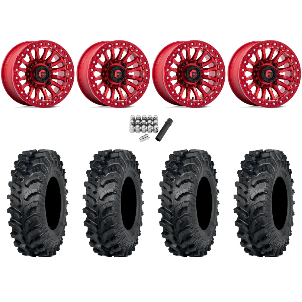 ITP MT911 34x10-15 (8ply) Tires on Fuel Rincon Candy Red Beadlock Wheels, complete kit