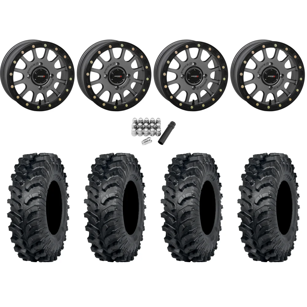 ITP MT911 34x10-15 (8ply) Tires on System 3 SB-5 Gunmetal Grey Beadlock Wheels, complete kit