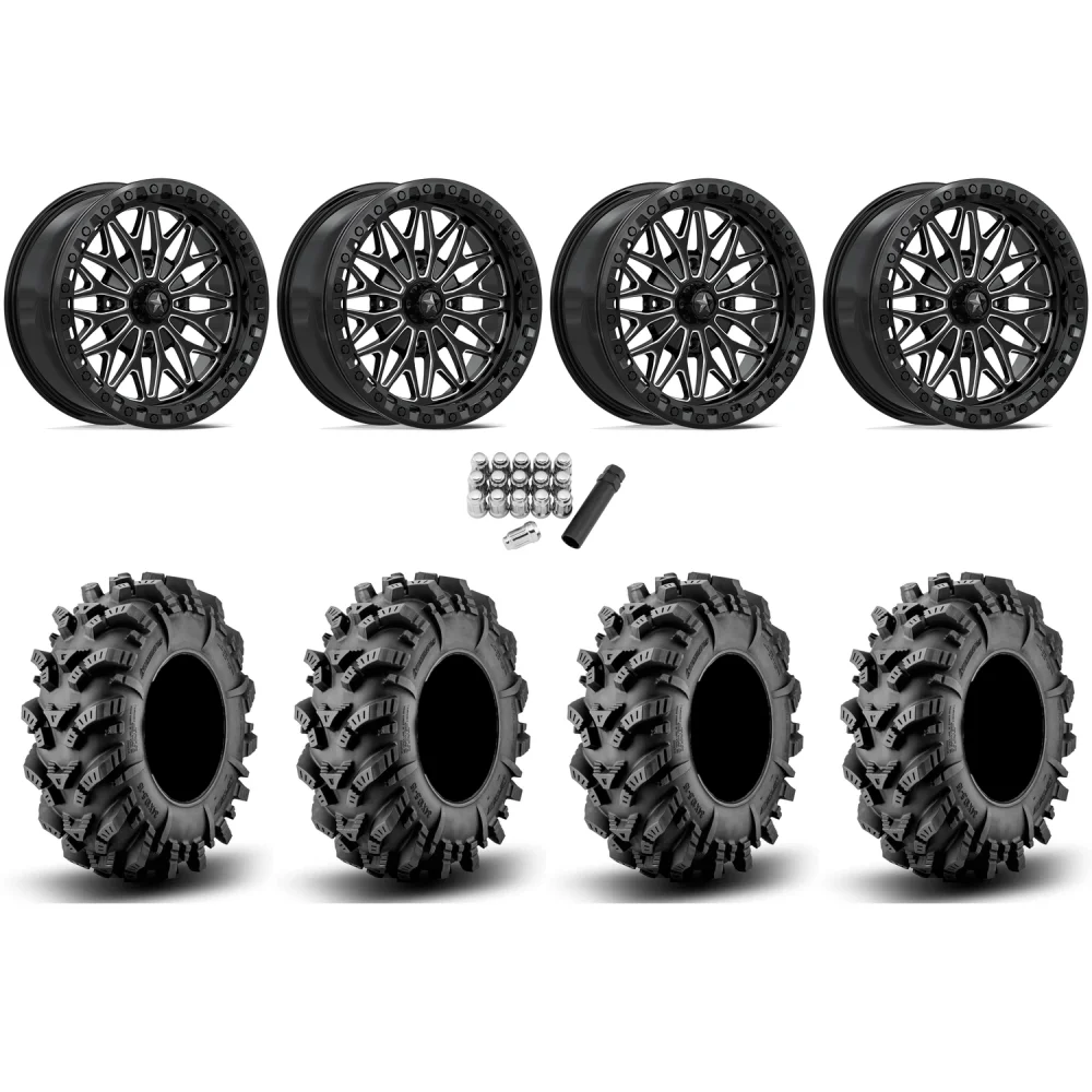 Intimidator 36x10.5-18 Tires on MSA M53 Bolo Gloss Black Milled Beadlock Wheels, complete kit