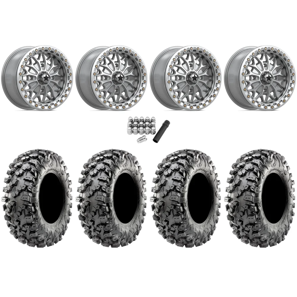 Maxxis Carnivore RT 30x10-15 (8ply) Radial Tires on MSA M53 Bolo Gloss Silver Beadlock Wheels, complete kit