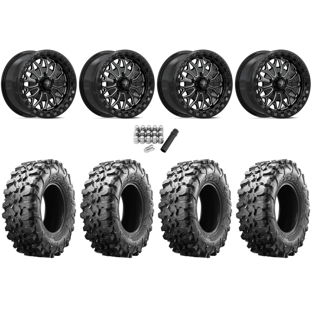 Maxxis Carnivore 35x10-15 Tires on MSA M53 Bolo Gloss Black Milled Beadlock Wheels, complete kit