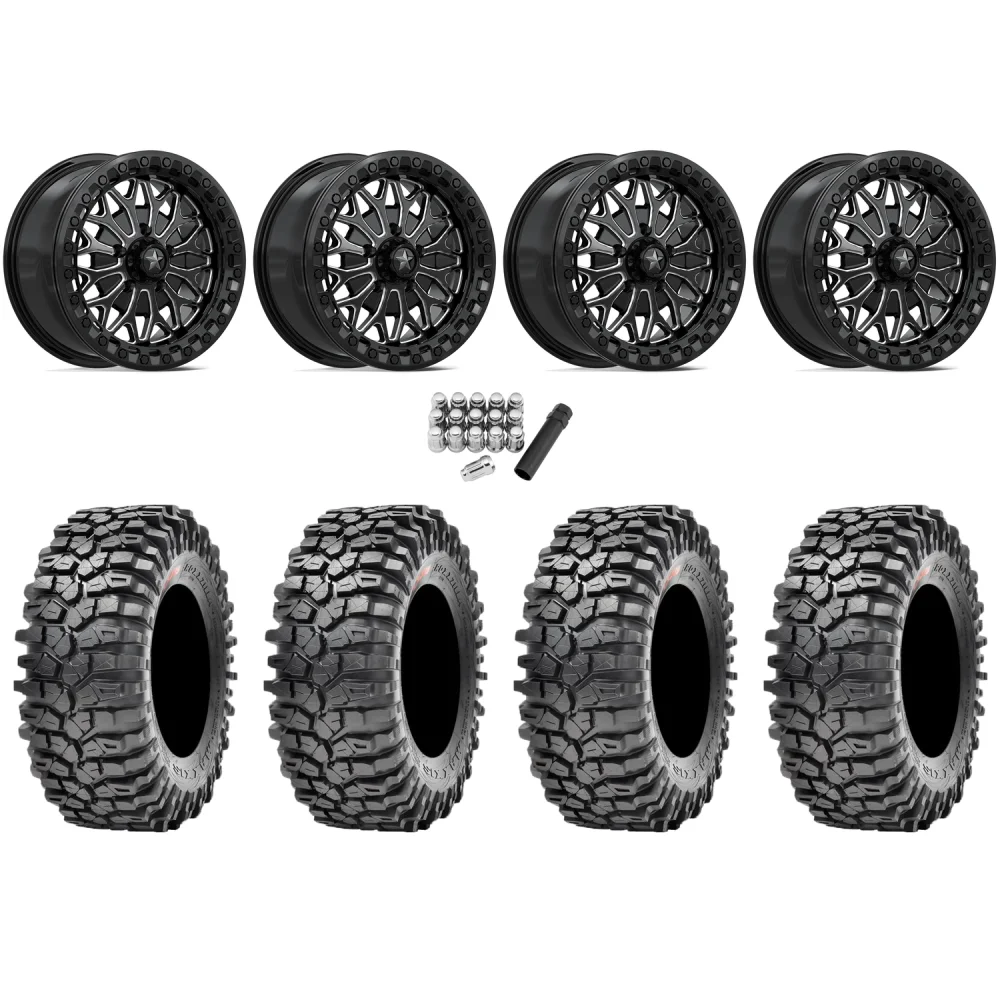 Maxxis Roxxzilla ML7 (Standard Compound) 32x10-15 Tires on MSA M53 Bolo Gloss Black Milled Beadlock Wheels, complete kit