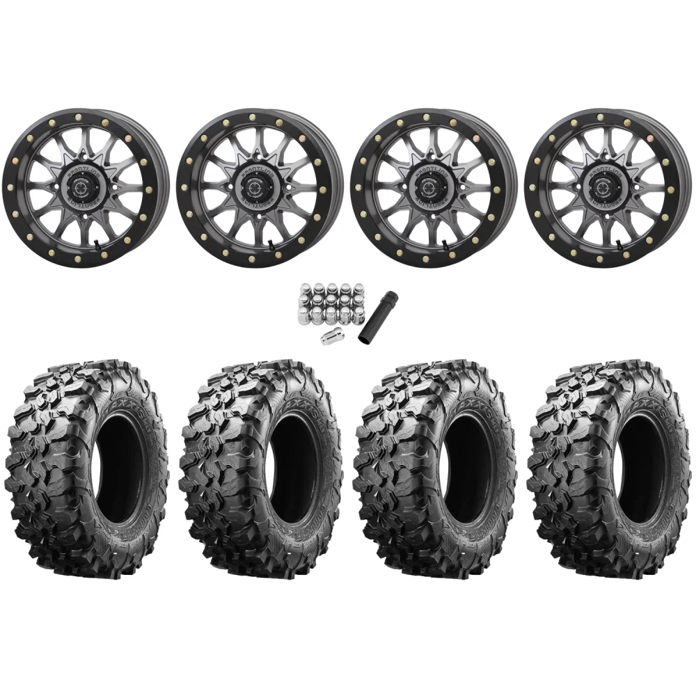 Maxxis Carnivore 33x10-15 Tires on Frontline 223 Gunmetal Grey Beadlock Wheels, complete kit