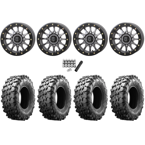 Maxxis Carnivore 32x10-15 Tires on Frontline 223 Gunmetal Grey Beadlock Wheels Maxxis Carnivore 32x10-15 Tires on Frontline 223 Gunmetal Grey Beadlock Wheels