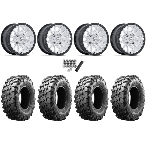 Maxxis Carnivore 33x10-15 Tires on Fuel Piston Hyper Silver Machined Wheels