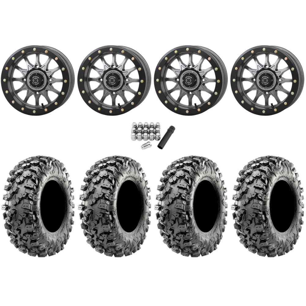 Maxxis Carnivore RT 32x10-15 (8ply) Radial Tires on Frontline 223 Gunmetal Grey Beadlock Wheels, complete kit