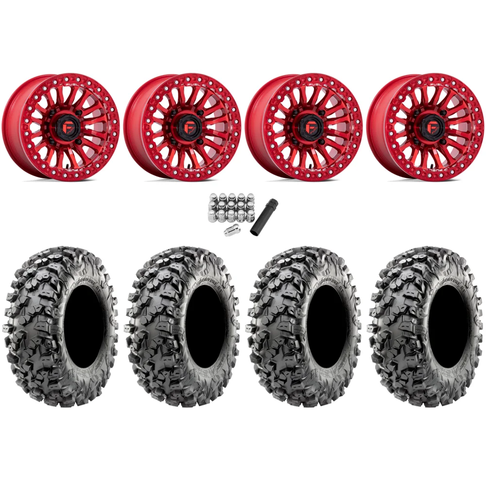 Maxxis Carnivore RT 32x10-15 (8ply) Radial Tires on Fuel Rincon Candy Red Beadlock Wheels, complete kit