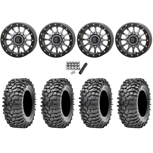 Maxxis Roxxzilla ML7 (Competition Compound) 32x10-15 Tires on Frontline 223 Gunmetal Grey Beadlock Wheels