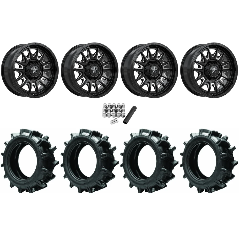 Quadboss QBT680 33x9.5-18 Tires on MSA M55 Commander Gloss Black Milled Wheels, complete kit