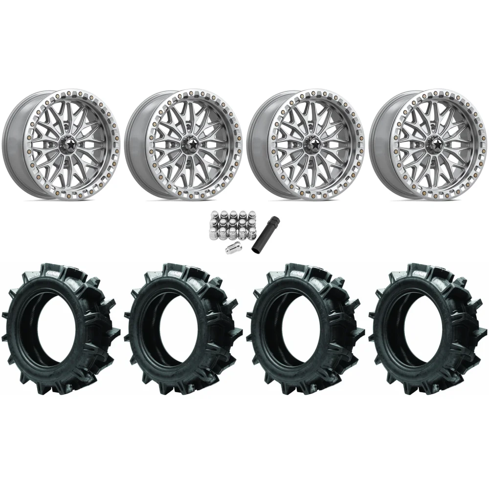 Quadboss QBT680 35x9.5-18 Tires on MSA M53 Bolo Gloss Silver Beadlock Wheels, complete kit
