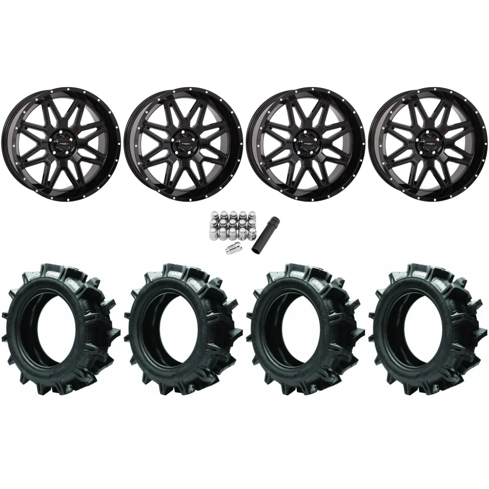 Quadboss QBT680 36x9.5-20 Tires on System 3 Offroad ST-7 Gloss Black Wheels, complete kit
