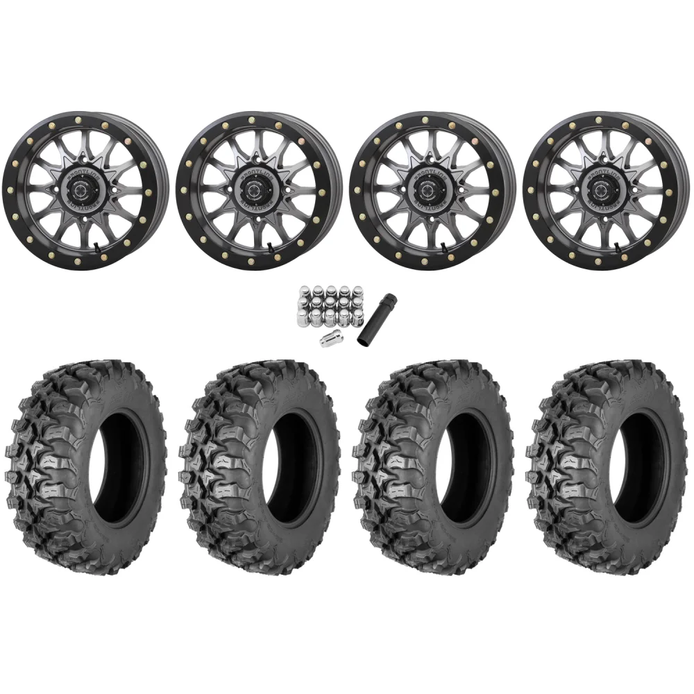 Quadboss QBT889 28x10-14 (8ply) Radial Tires on Frontline 223 Gunmetal Grey Beadlock Wheels, complete kit
