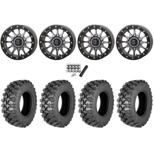 Quadboss QBT889 30x10-14 (8ply) Radial Tires on Frontline 223 Gunmetal Grey Beadlock Wheels
