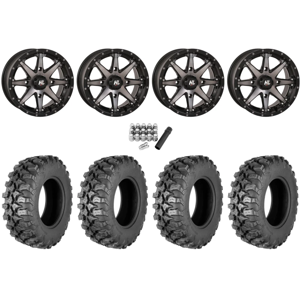 Quadboss QBT889 30x10-14 (8ply) Radial Tires on HL10 Matte Black Smoked Wheels, complete kit