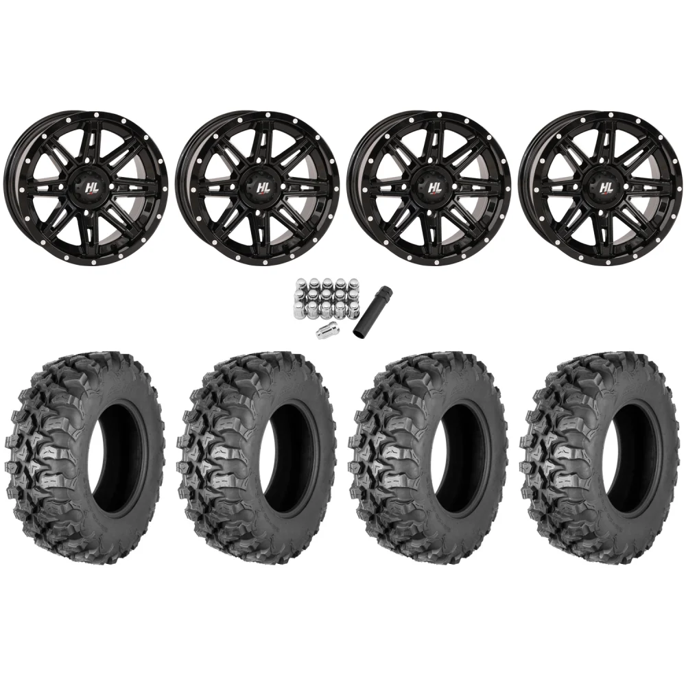 Quadboss QBT889 28x10-14 (8ply) Radial Tires on HL22 Gloss Black Wheels, complete kit
