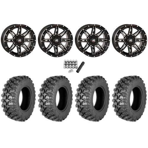 Quadboss QBT889 28x10-14 (8ply) Radial Tires on HL22 Gloss Black & Machined Wheels