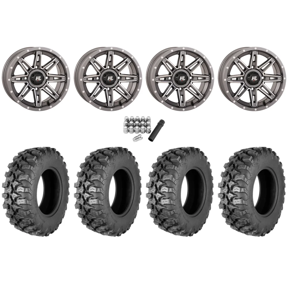 Quadboss QBT889 30x10-14 (8ply) Radial Tires on HL22 Gunmetal Grey Wheels, complete kit