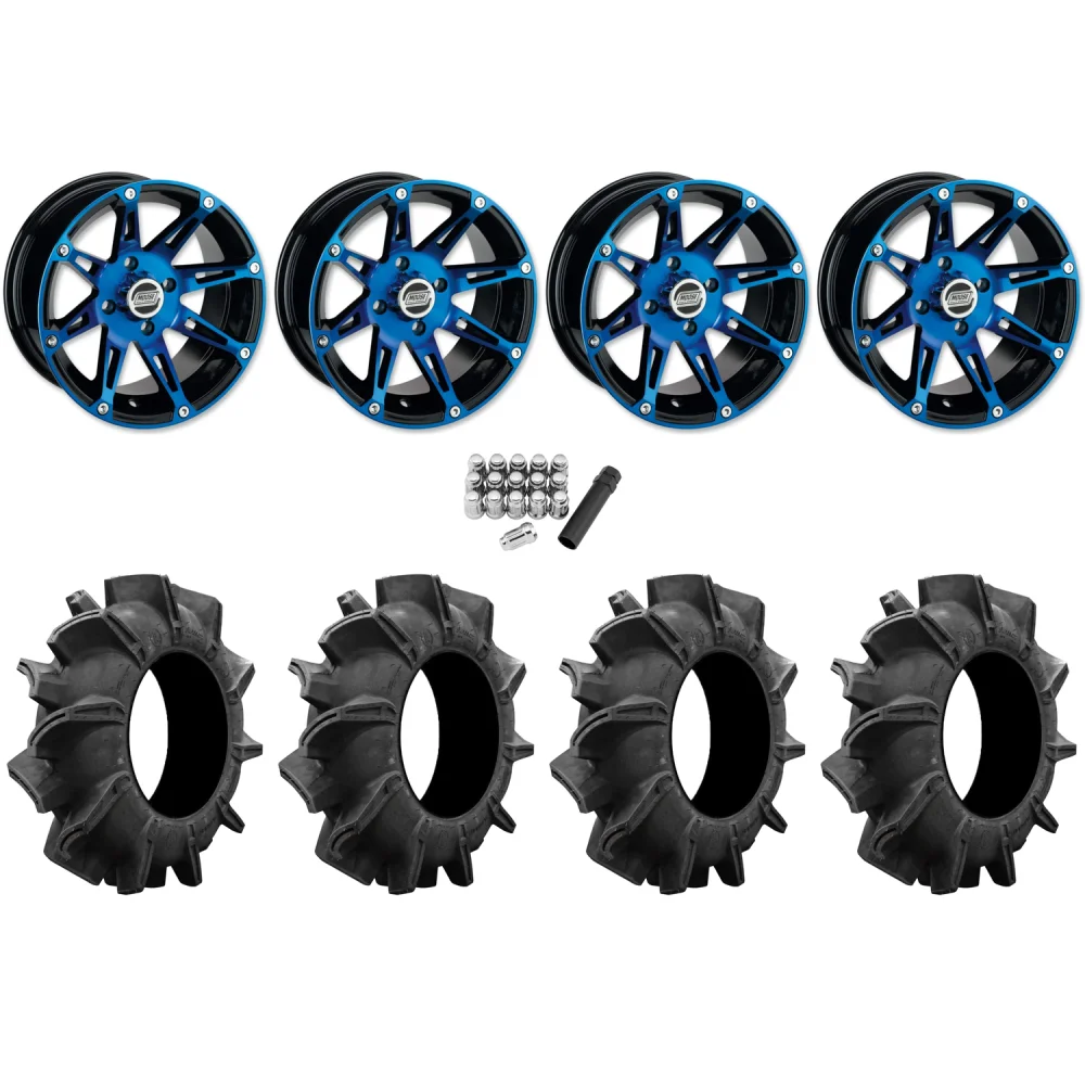 Assassinator Mud Tires 28x8-14 on Moose Offroad 387 X Anodized Blue Wheels, complete kit