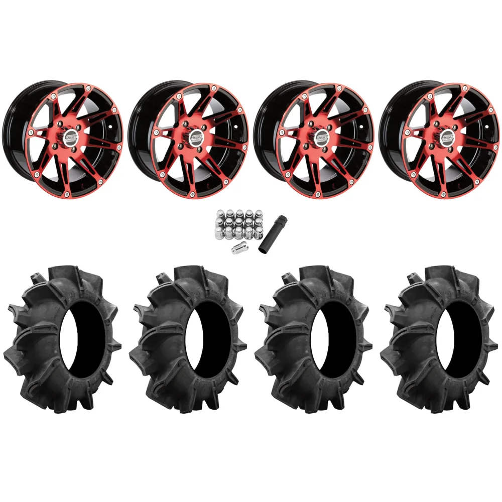 Assassinator Mud Tires 28x8-14 on Moose Offroad 387 X Anodized Red Wheels, complete kit