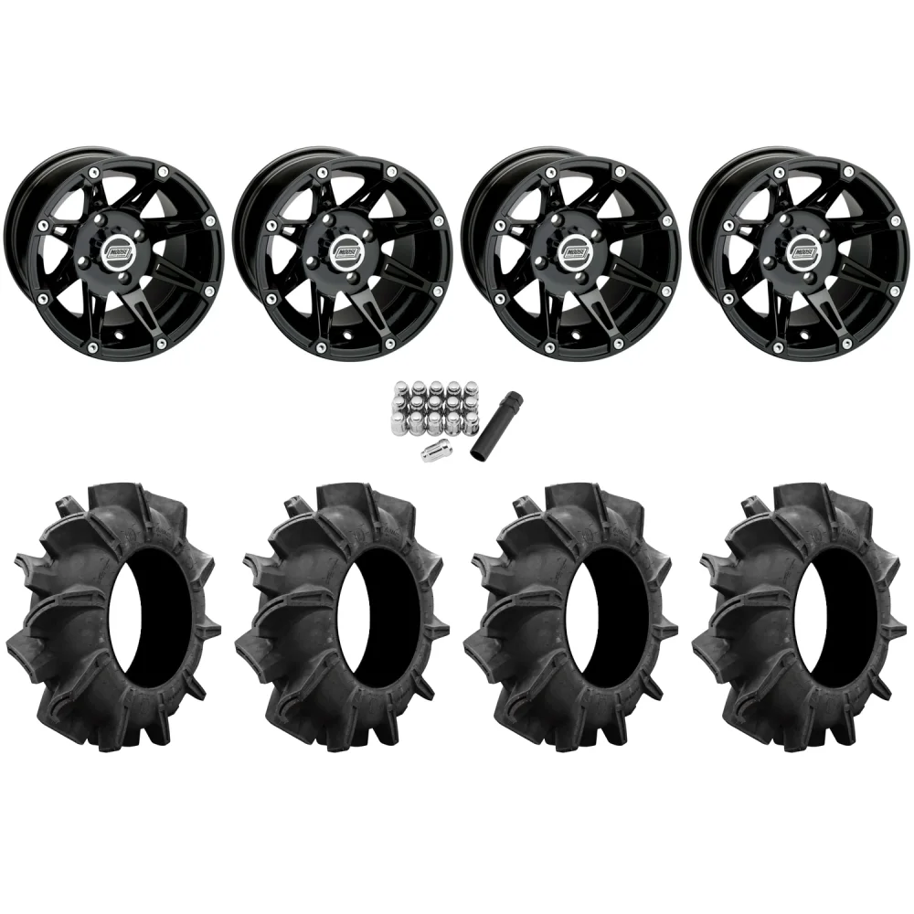 Assassinator Mud Tires 28x8-14 on Moose Offroad 387 X Gloss Black Wheels, complete kit