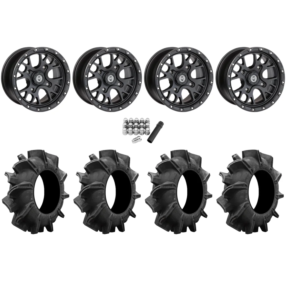 Assassinator Mud Tires 32x8-14 on Moose Offroad 545 X Satin Black Wheels, complete kit