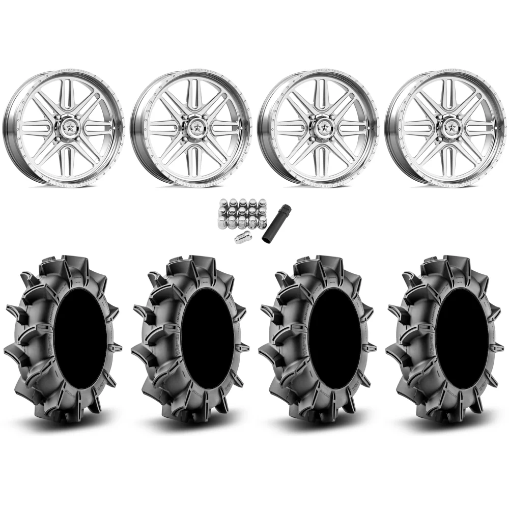 Assassinator Mud Tires 36x8-20 on American Force K01 Summit Polished Forged Wheels, complete kit