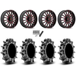 Assassinator Mud Tires 36x8-20 on Fuel Arc Gloss Black Milled Red Wheels
