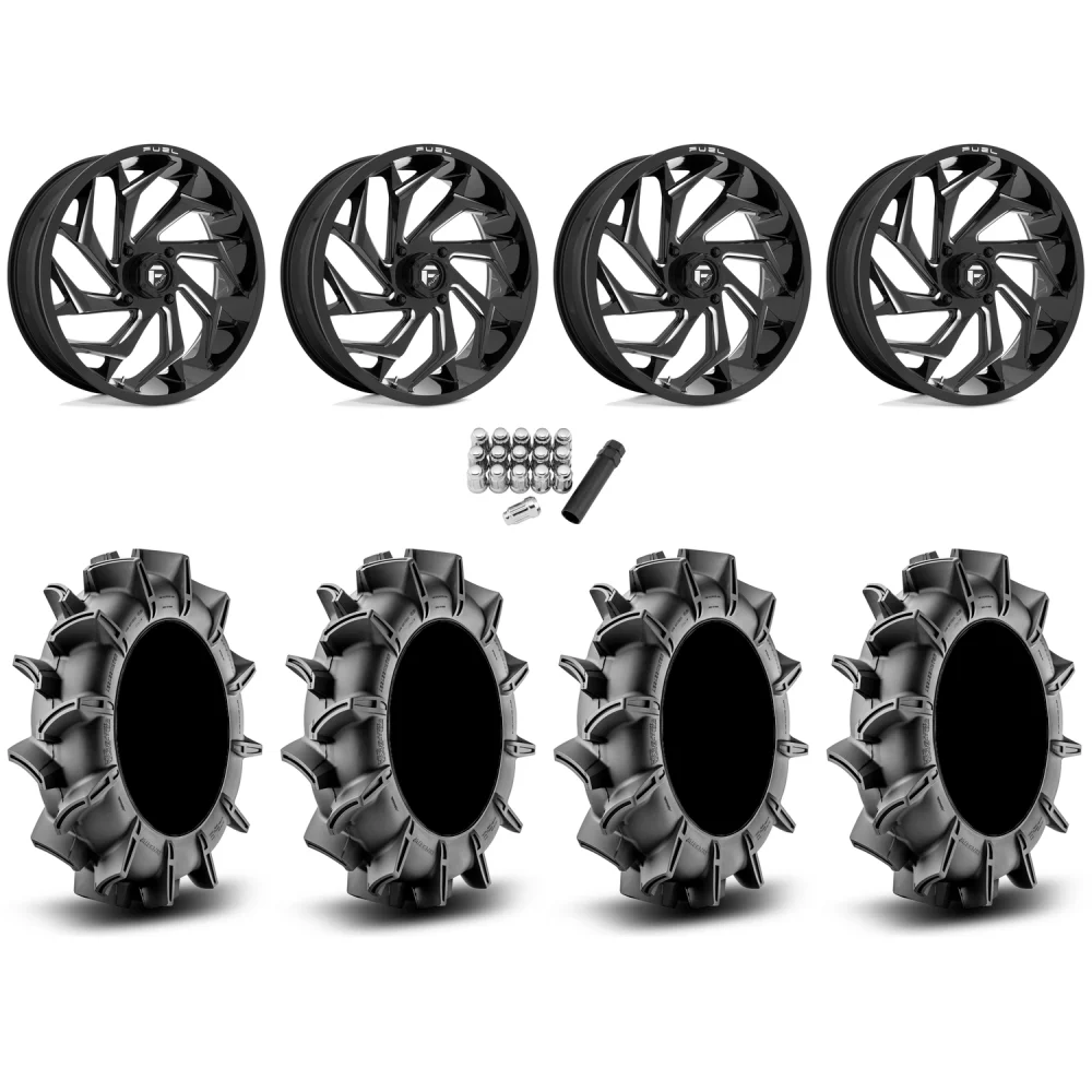 Assassinator Mud Tires 36x8-20 on Fuel Reaction Gloss Black Milled Wheels, complete kit