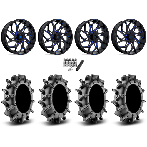 Assassinator Mud Tires 36x8-20 on Fuel Runner Candy Blue Wheels