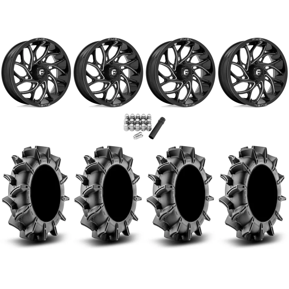 Assassinator Mud Tires 36x8-20 on Fuel Runner Gloss Black Milled Wheels, complete kit