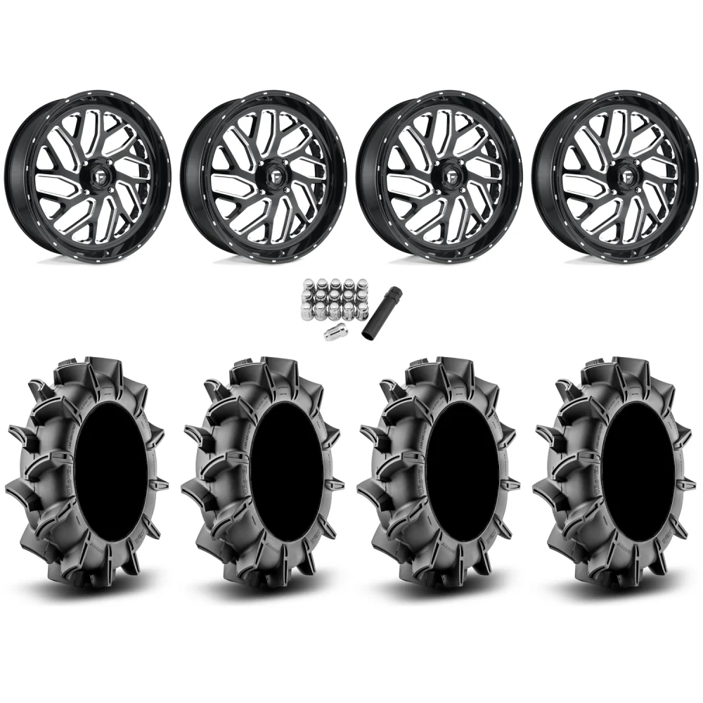 Assassinator Mud Tires 36x8-20 on Fuel Triton Gloss Black Milled Wheels, complete kit
